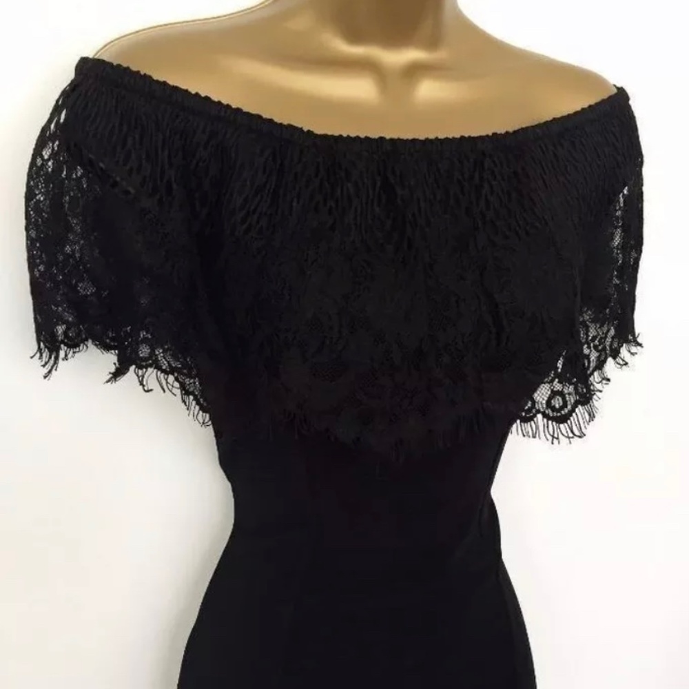 Lipsy Pencil Bodycon Dress 12 Black Lace Bardot Shoulder Evening Party Occasion